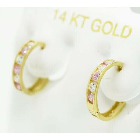 Pink & White Sapphires Huggie Earrings 14k Yellow Gold